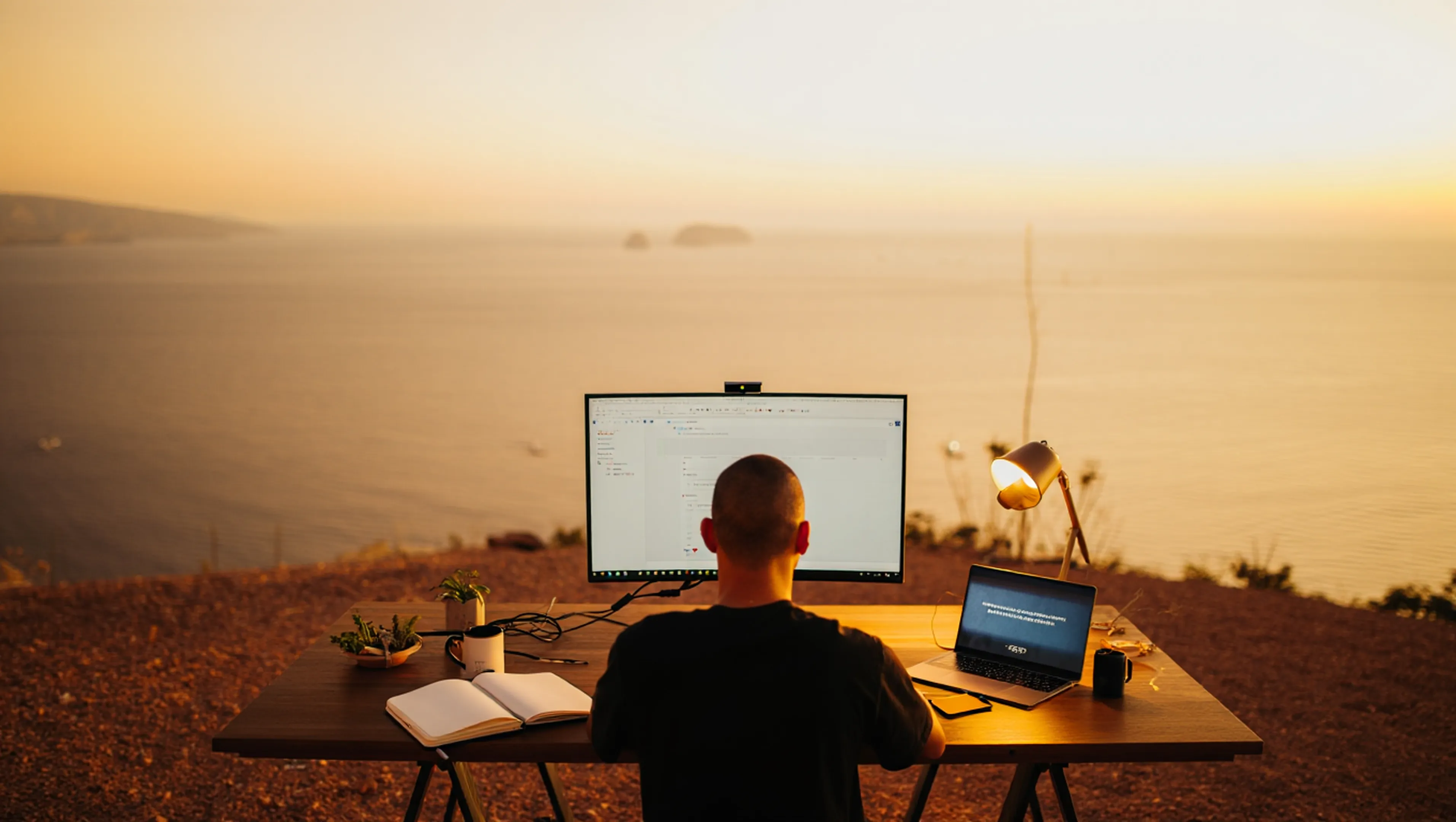 A developer at a workstation on a cliff over the sea at golden hour